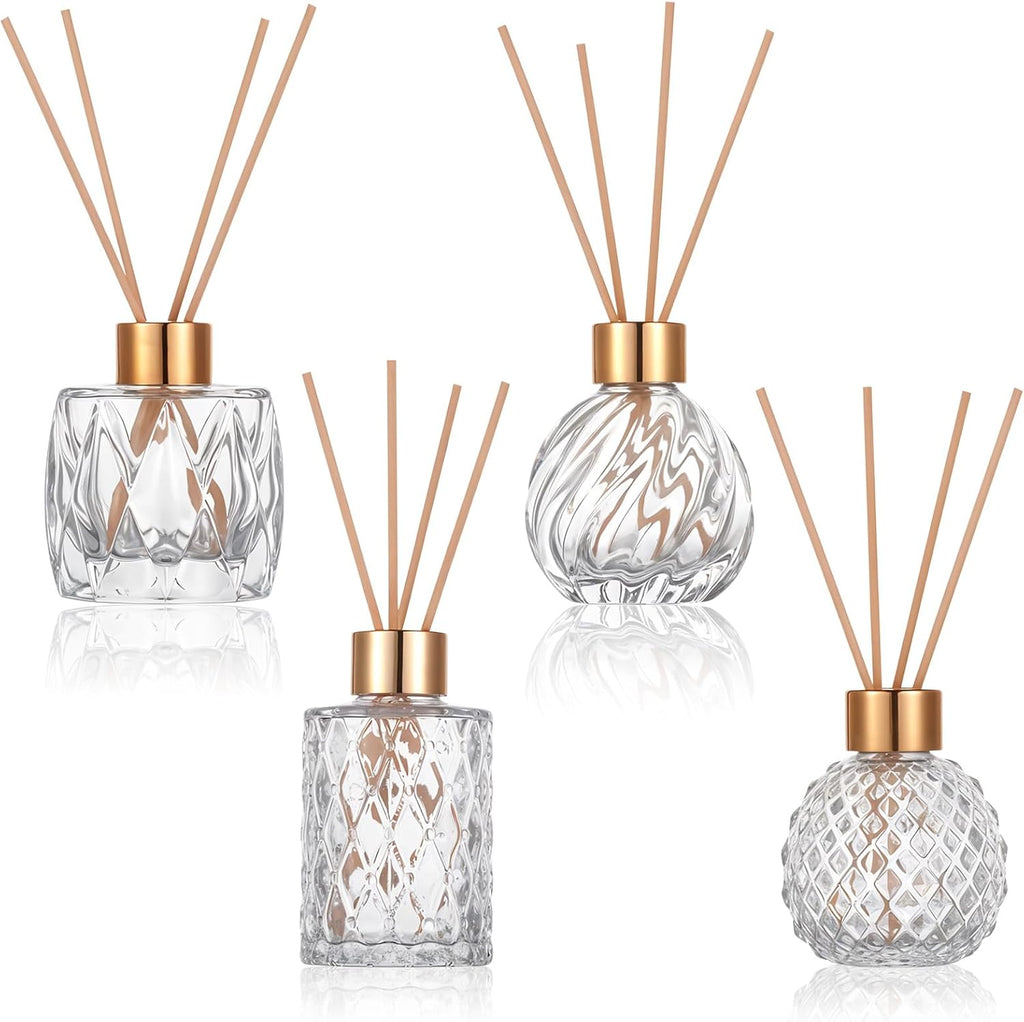 4 Piece Reed Diffuser Set, 3.5-4.2oz Empty Bottles and 20 Reed Sticks, Unique Design for Home and Office