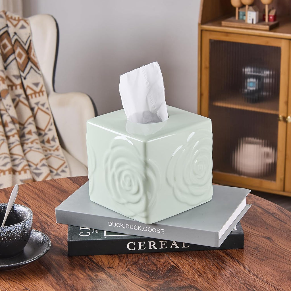 Light Green Ceramic Cube Tissue Box Cover with Rose – Large Elegant Rose Floral Square Decorative Tissue Box Holder for Bathroom, Bedroom, Office Desk, Kitchen Counter – Perfect Housewarming Gift