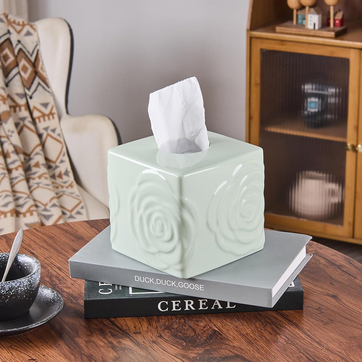 Light Green Ceramic Cube Tissue Box Cover with Rose – Large Elegant Rose Floral Square Decorative Tissue Box Holder for Bathroom, Bedroom, Office Desk, Kitchen Counter – Perfect Housewarming Gift