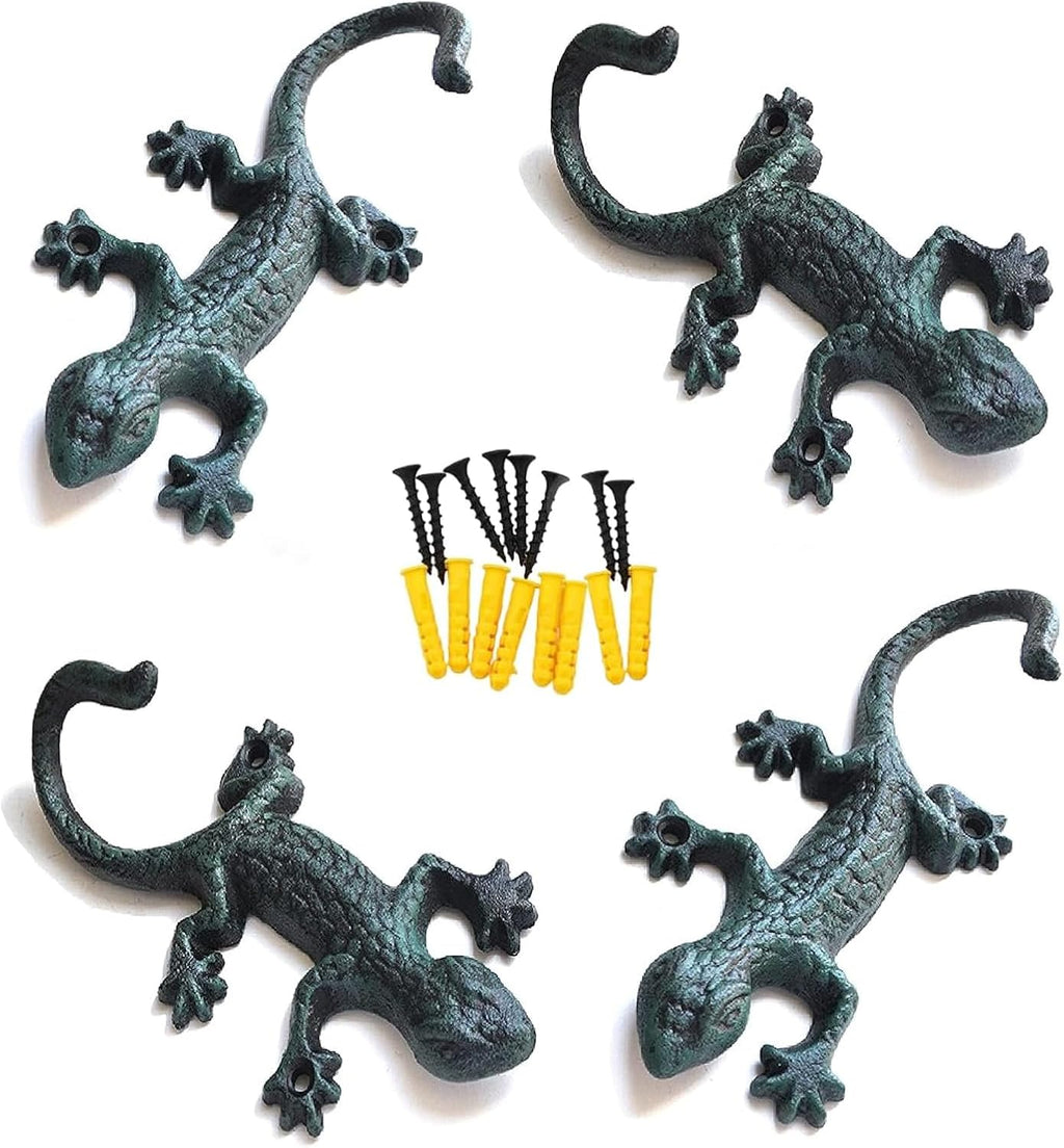 BRONVIA amusediy Lovely Outdoor Cast Iron Pool Towel Wall Hooks, Cool Gecko Heavy-Duty Coat Hooks, Fun Lizard Pool Towel Holder for Outdoor and Indoor， Gecko Key Holder and Wall Décor. Set of 4