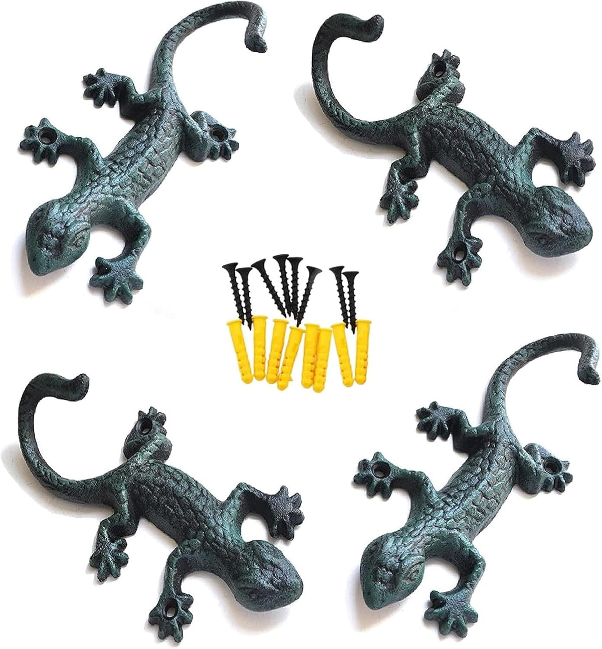 BRONVIA amusediy Lovely Outdoor Cast Iron Pool Towel Wall Hooks, Cool Gecko Heavy-Duty Coat Hooks, Fun Lizard Pool Towel Holder for Outdoor and Indoor， Gecko Key Holder and Wall Décor. Set of 4