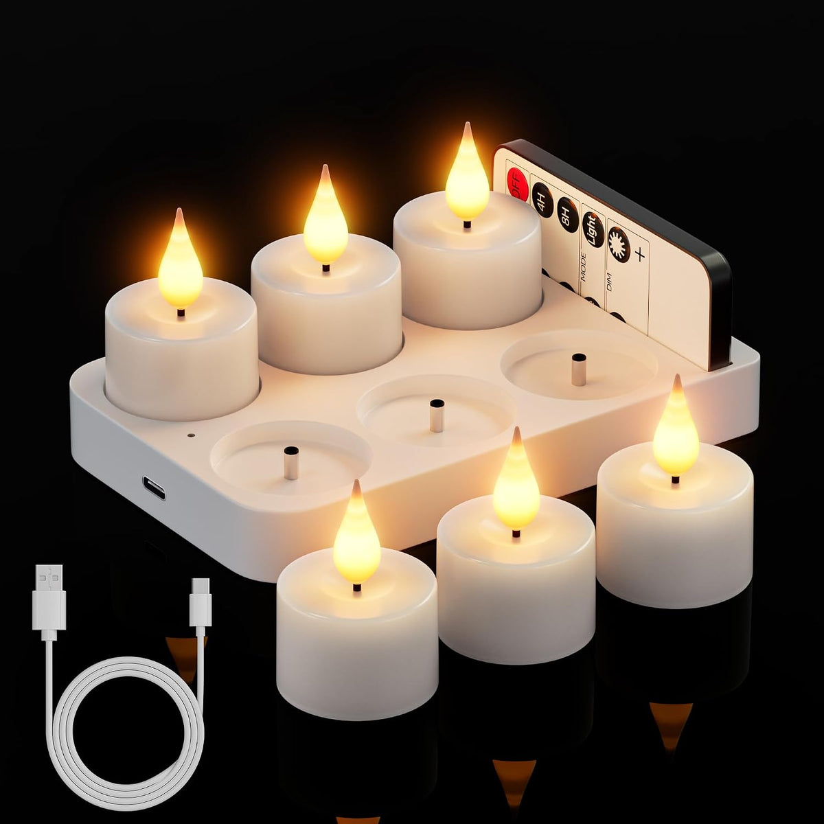 Rechargeable Flameless Tea Lights Candles with Remote Charging Base 6Pcs