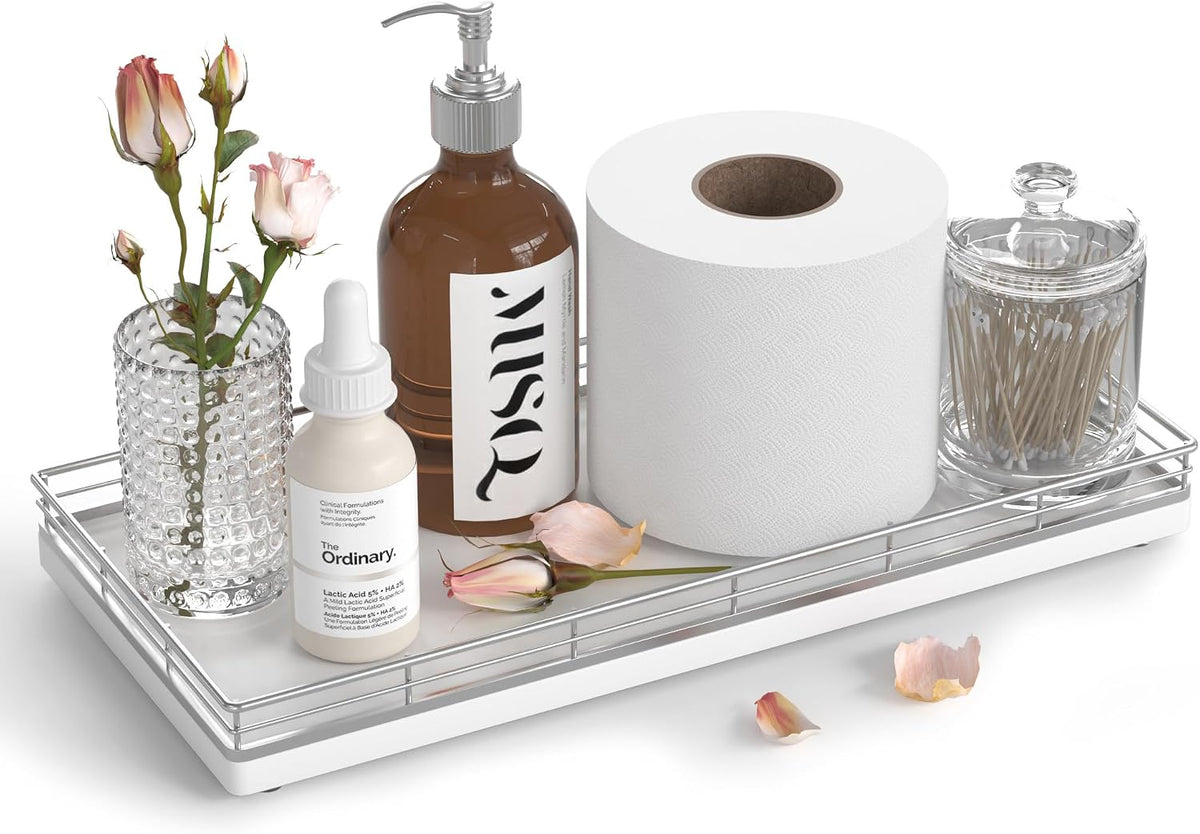 Oak Bathroom Toilet Tank Tray, 13" Wood Back of Toilet Paper Basket Tank Topper Storage, Vanity Tray for Perfume Makeup Candle Toiletry Organizer for Kitchen Coffee Table Silver Tray Decor