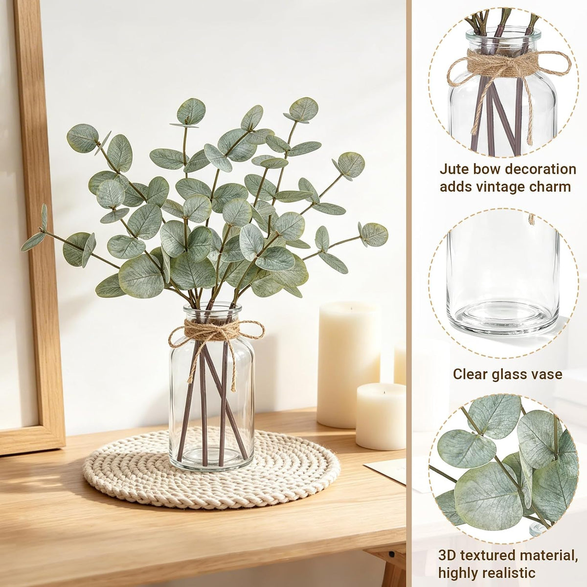 Mkono Fake Plants, Artificial Eucalyptus Stems in Glass Vase for Home Decor
