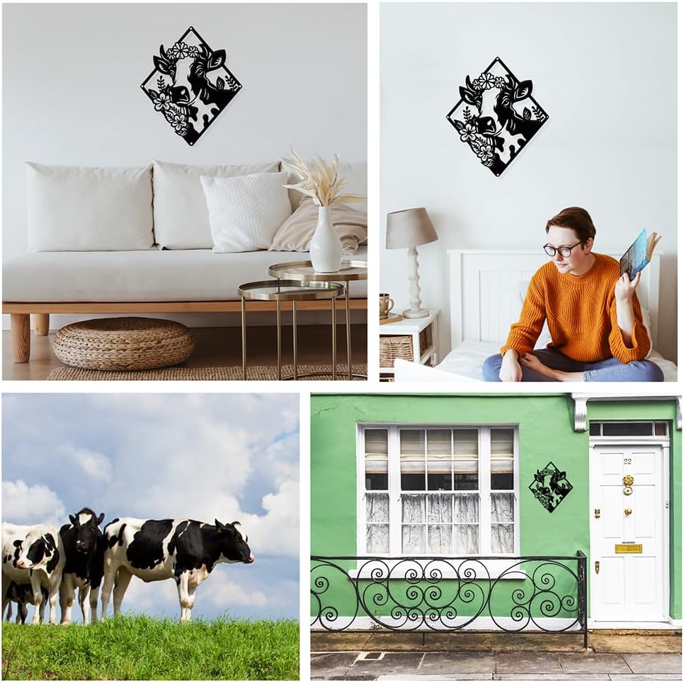 NBEADS Cow Flower Metal Wall Art Decor, Matte Black Wall Hanging Decor Silhouette Wall Art for Home Bedroom Living Room Bathroom Kitchen Office Hotel Wall Decoration, 10.3×8.86"(26.2x22.5cm)