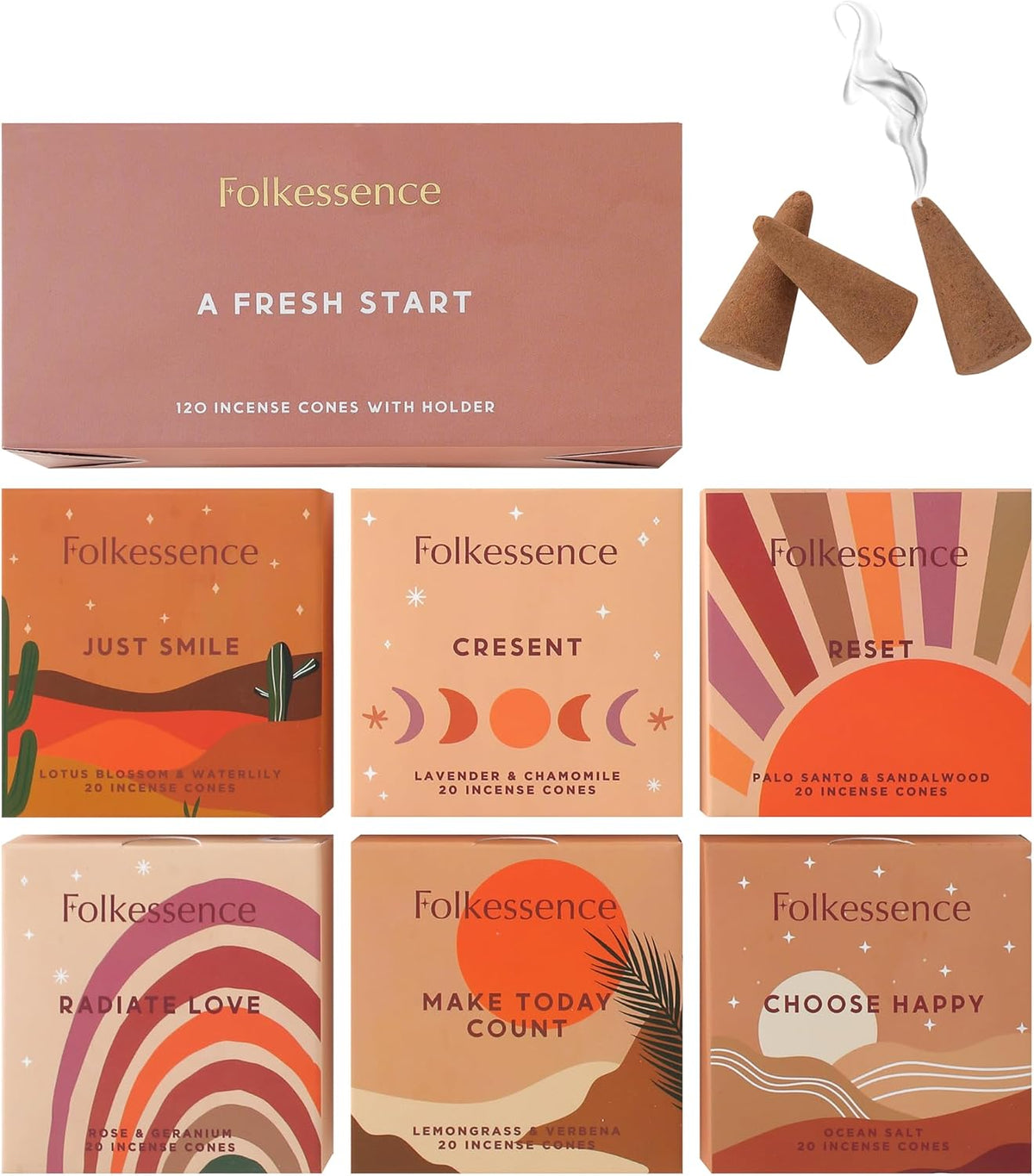 Folkulture Incense Sticks - Pack of 6 Insenses - 120 Sticks - Folkulture Incense Cones Scented, Set of 6 Inscents-Cones (120 Cones) with Incense Cones Holder for Relaxation (Fresh Start)