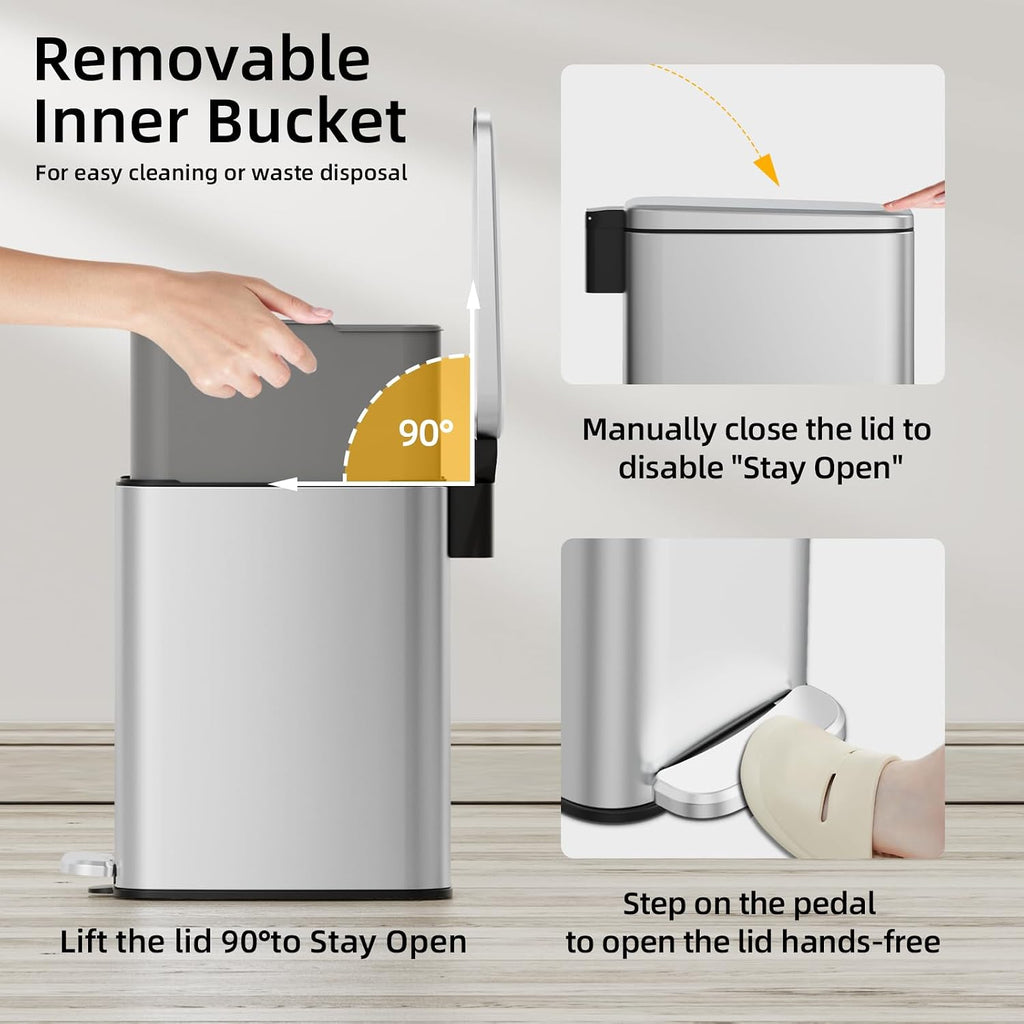 KUK Slim Bathroom Trash Can with Lid, 1.6 Gal / 6L Stainless Steel Small Garbage Bin with Detachable Inner Bucket, Step Pedal, Silent Close, Wastebasket for Toilet, Bedroom, Home, Office (Silver)