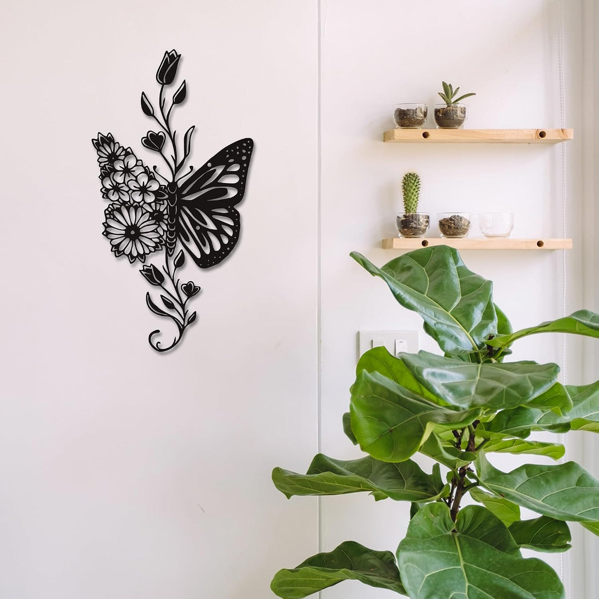 Rajukit Butterfly Flower Metal Wall Art Black for Living Room