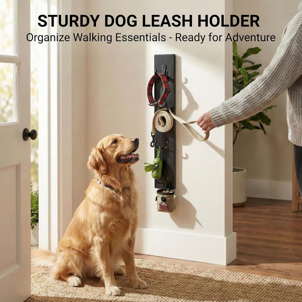 Vertical Key Holder for Wall & Dog Leash Holder – Solid Wood Wall Mount Key Rack with 8 Hooks – Small Space Saving Entryway Organizer for Keys, Lanyards, Masks (Adhesive or Screws) (Black)