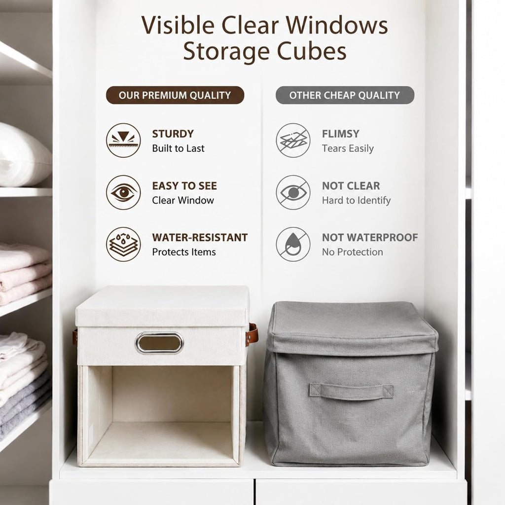 13x13 Inch Ultra Thick Fabric Storage Bins with Lids & Windows, 3P