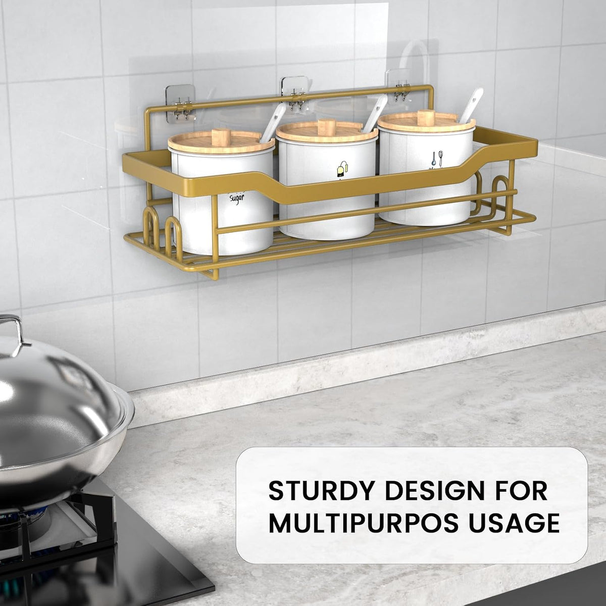 Shower Caddy Shelves Organizer Rack, Single Pack Shower Shelf, Caddies for Shampoo Soap Bathroom Waterproof Adhesive Holder, No Drilling Wall Mounted Self, Matte Gold