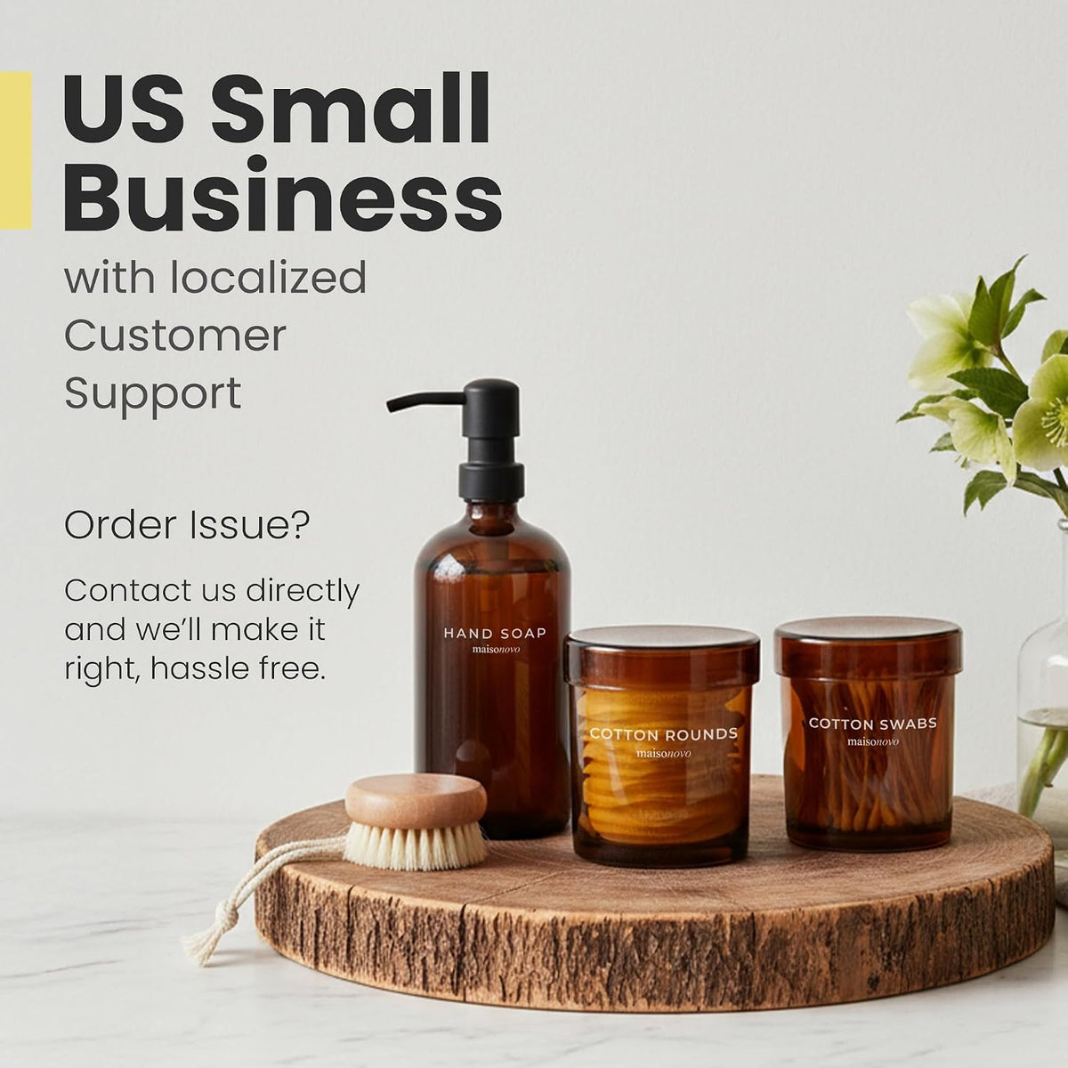 MaisoNovo Glass Bathroom Containers with Lids (Airtight) - Qtip Holder - Apothecary Jars for Cotton Rounds, Swabs, Balls, Pads - Amber Q Tip Dispenser - 2 pcs Bathroom Canisters Set for Organization