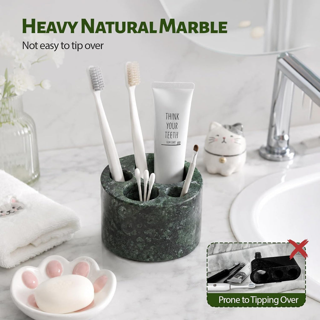BCS Toothbrush Holder for Bathrooms, Cute 4 Slots Open-Bottom Marble Toothbrush and Toothpaste Holder Stand Bathroom Organizer Countertop for Electric Toothbrush, Floss, Razor, Comb - Indian Green