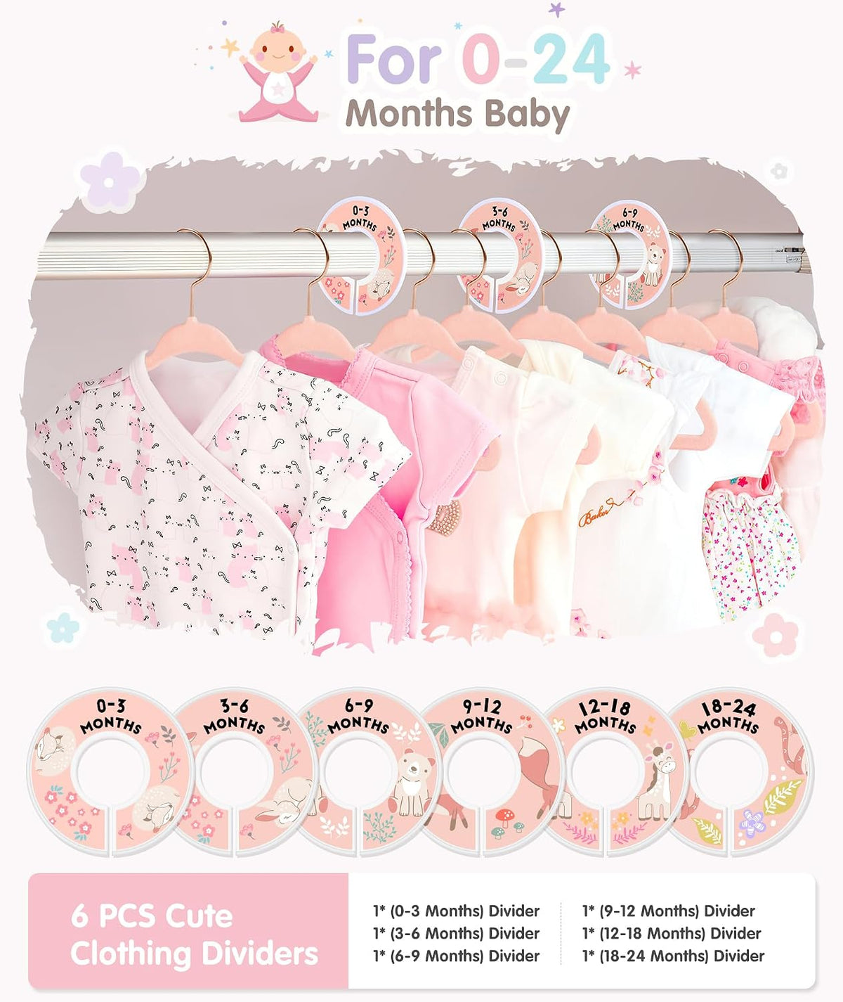 VIS'V Velvet Baby Hangers with 6 Pcs Size Dividers, 11 Inch, Pink, 30 Pcs