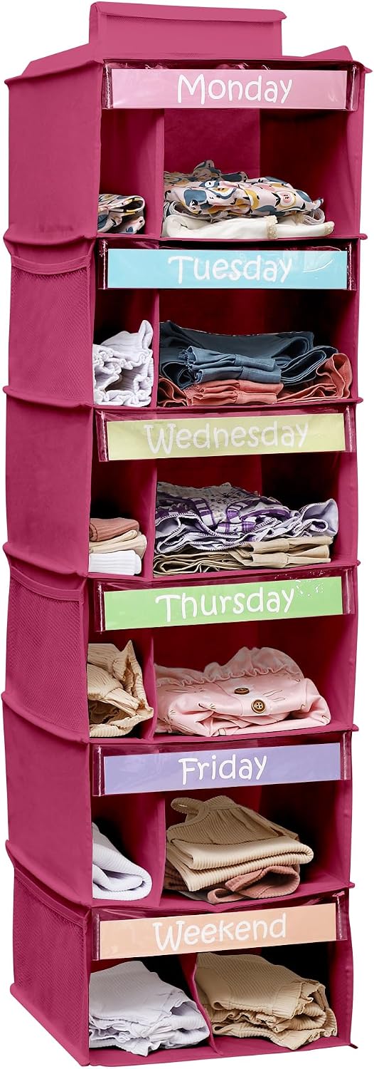 Kids Clothes Organizer, Weekly Clothes Organizer for Kids, Pink, 6 Shelf