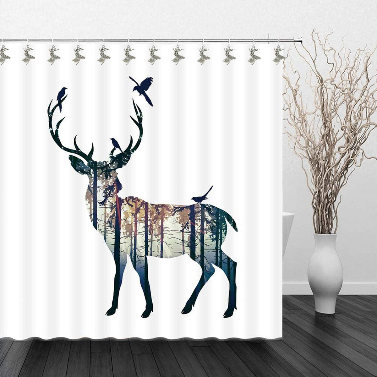 Set of 12 Deer Shower Curtain Hooks Rings Rustic Cabin Bath Christmas Theme Decoration Reindeer Antlers Stag Woodland Stainless Steel Rustproof (Silver)