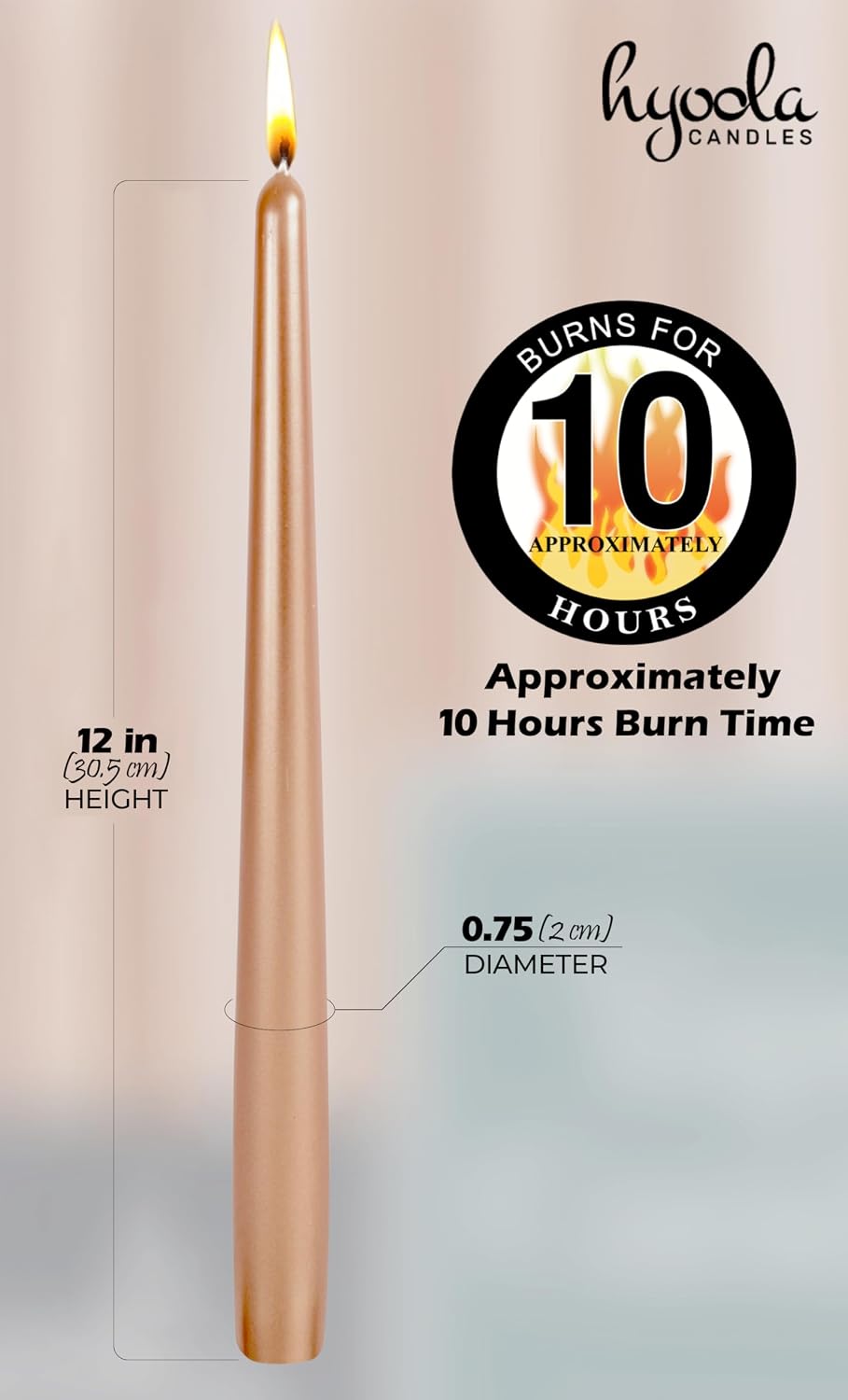 Hyoola 12 Pack Tall Metallic Taper Candles - 12 Inch Copper Metallic, Dripless, Unscented Dinner Candle - Paraffin Wax with Cotton Wicks