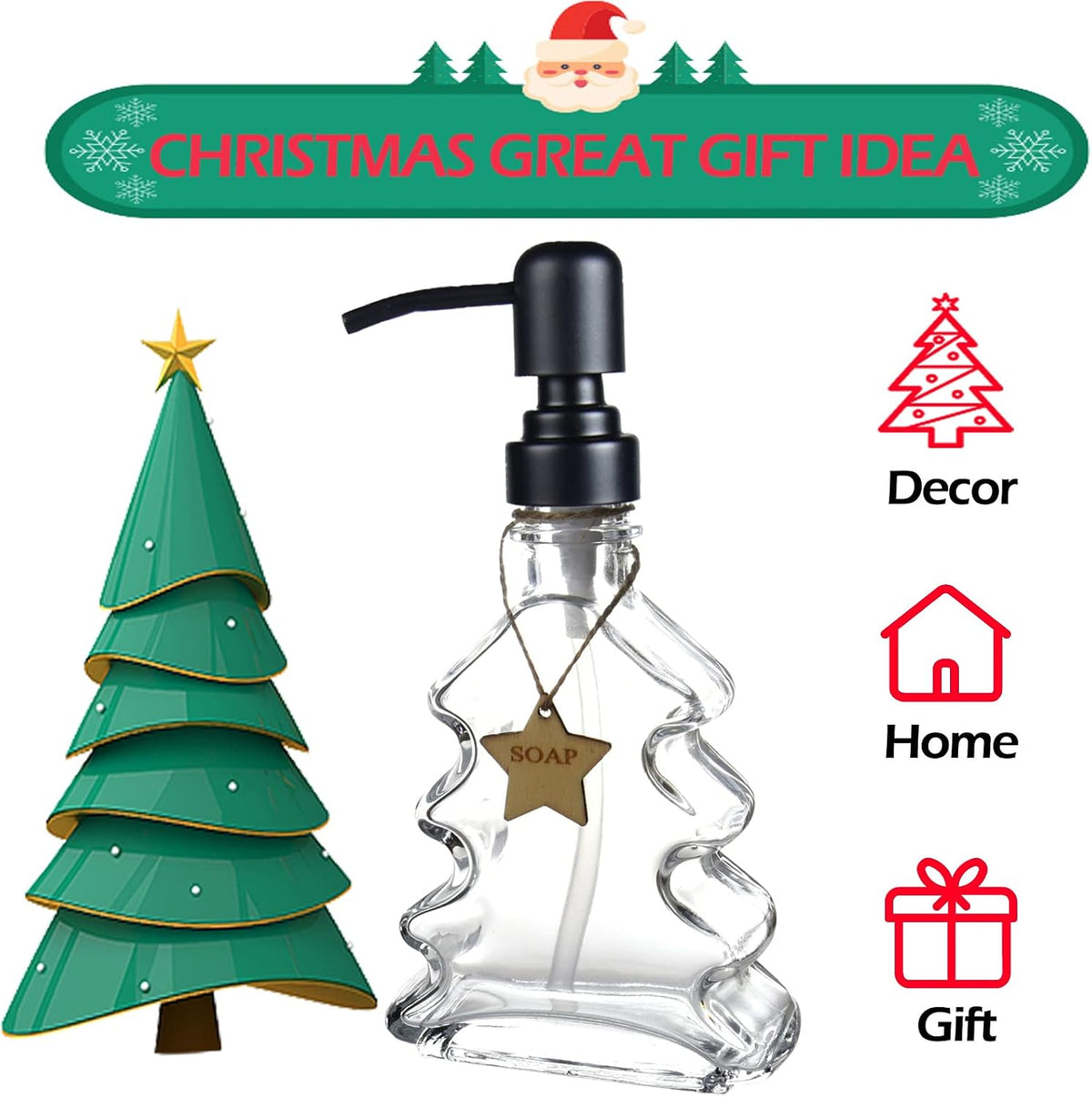 Christmas Tree Soap Dispenser, Glass Soap Dispenser with Black 304 Rust Proof Pump, Christmas Tree Shaped Great for Xmas Decor, Hand Soap, Dish Soap, Kitchen, Bathroom
