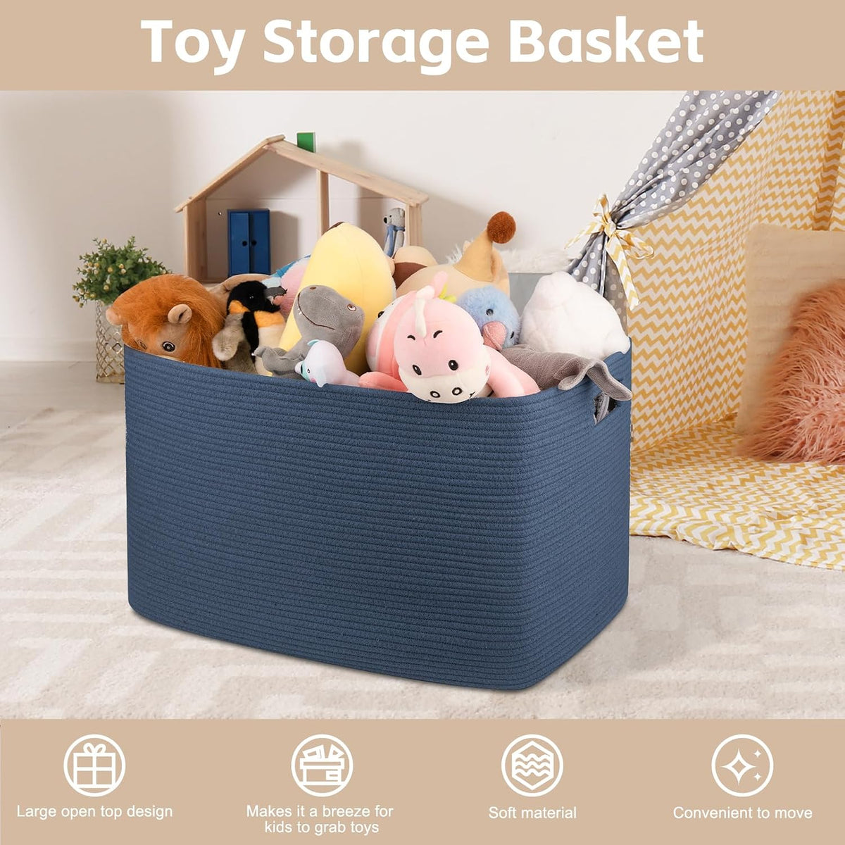 OIAHOMY 118L XXXLarge Rope Storage Basket, Oversized Blanket Basket Blue