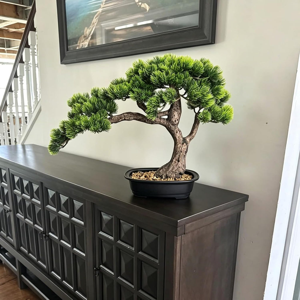 Artificial Bonsai Tree 15" Tall with Realistic Wood, Fake Bonsai, Fake Plant for Office Desk & Home, Japanese Decor, Housewarming Gift