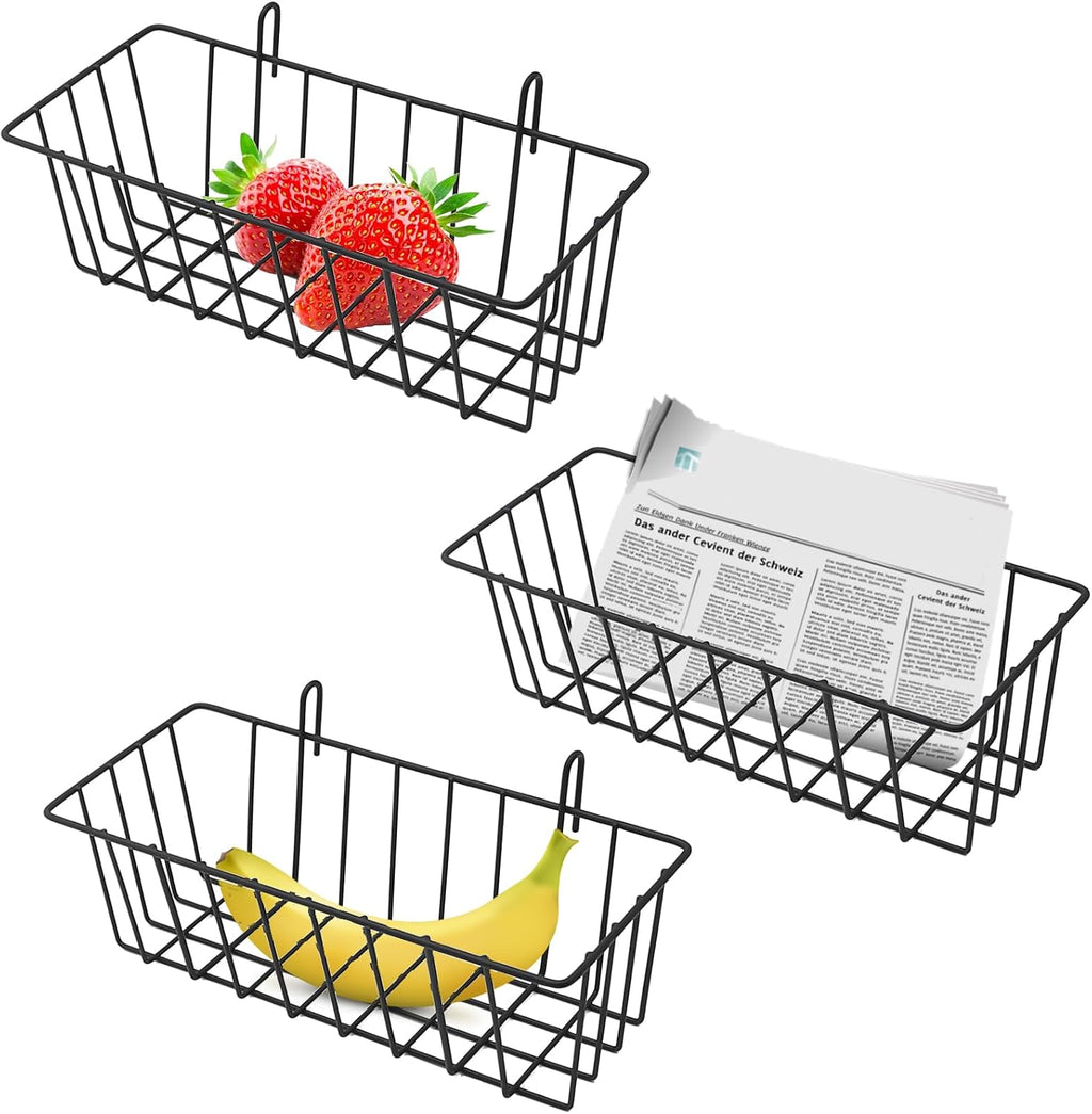 4 Pcs Gridwall Accessories 9"" x4 x3 Hanging Basket Wall Mounted Grid Plate Wire Basket for Kitchen Grid Plate Wall Mounted Storage Basket Black Metal Hanging Basket Organizer