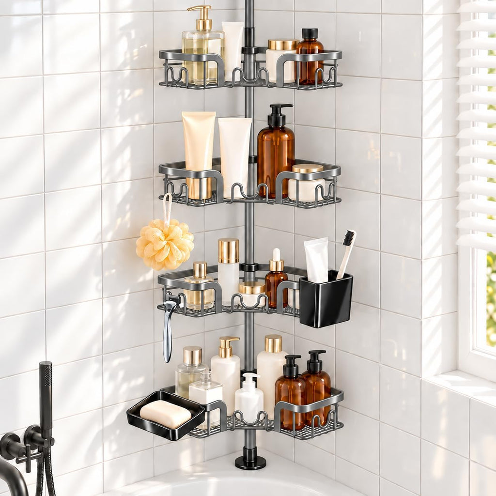 4-Tier Corner Shower Caddy Tension Pole, Floor to Ceiling Shower Corner Shelf Organizer with Soap Hold No-Drill 23.6-114.5 Inch Gray