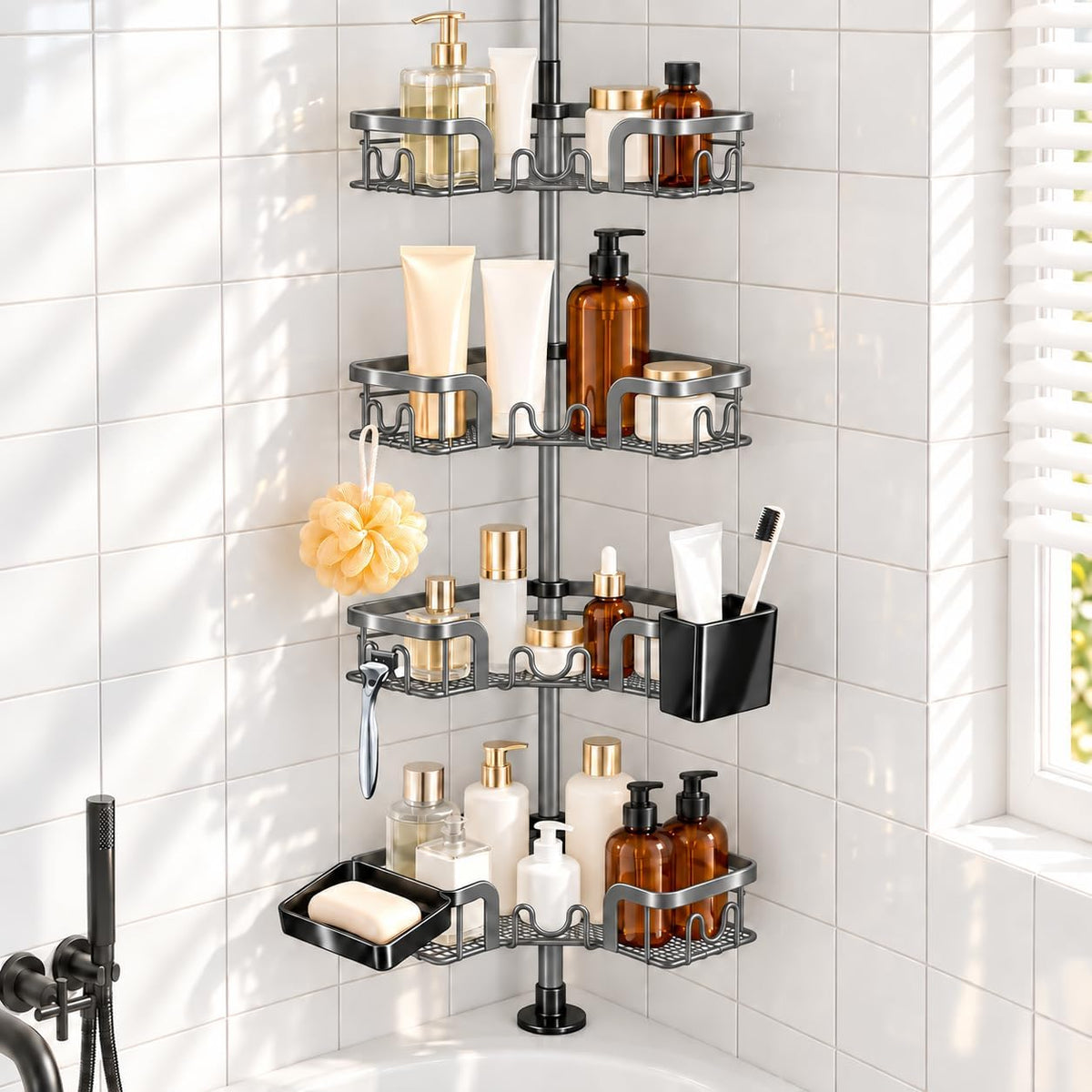 4-Tier Corner Shower Caddy Tension Pole, Floor to Ceiling Shower Corner Shelf Organizer with Soap Hold No-Drill 23.6-114.5 Inch Gray