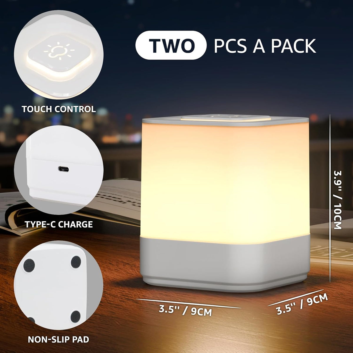 uuffoo 2 Pack Rechargeable Small Night Light Touch Dimmable Cordless Lamp