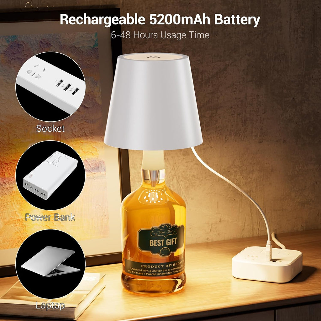 Wine Bottle Lights, Wireless Bottle Lamp Shade with 3 Color Temperature, Rechargeable Stepless Dimming LED Bottle Lights for Liquor Bottles, Desk Lamp for Bedroom Restaurant Bar - Black