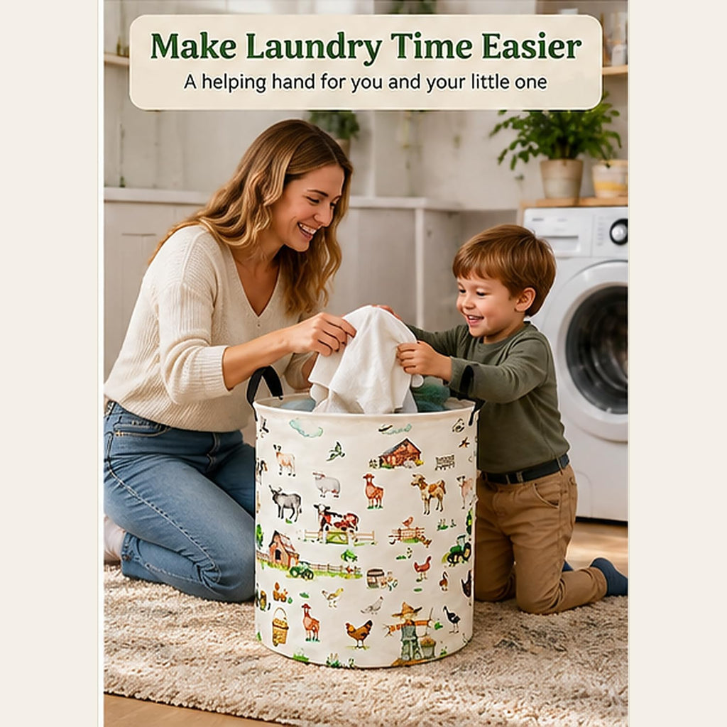 Farm Animal Laundry Hamper, Round Collapsible Laundry Basket with Handles, Cotton Linen Storage Bin for Clothes, Blankets, Toys, Bedroom, Dorm Room and Farmhouse Decor