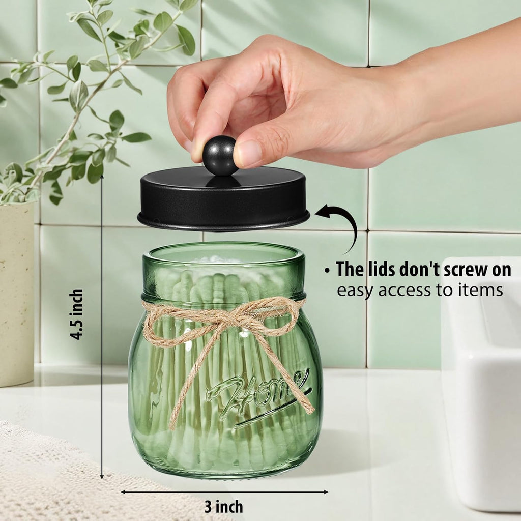 SheeChung Green Glass Mason Jar Qtip Holder Dispenser with Black Metal Lid