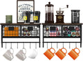 Helsin Industrial Wall Mounted Metal Wood Floating Shelves with Baskets Hooks Hanging Display Shelf Sundries Holder for Coffee Bar Kitchen Bathroom Organization and Home Decor, Black (16inch, 2 Sets)