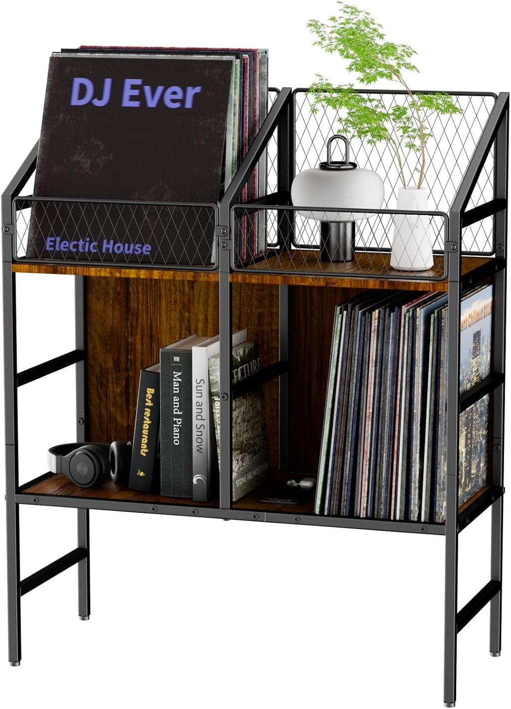 EYOCAL Vinyl Record Holder Storage Rack,200 LP Wooden Record Display Table for Albums Books Magazines Files for Living Room Bedroom