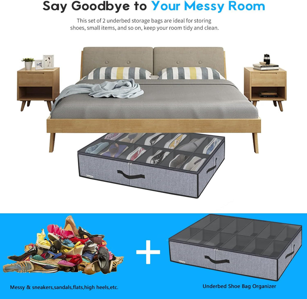 Onlyeasy Large Under Bed Shoe Organizer (6 to 12 Pairs x 2) - Underbed Shoes Closet Storage Solution with Metal Zipper and 2 Handles, Breathable, 29.3"x23.6"x5.9", Linen-like Grey, MXDUBSB2P