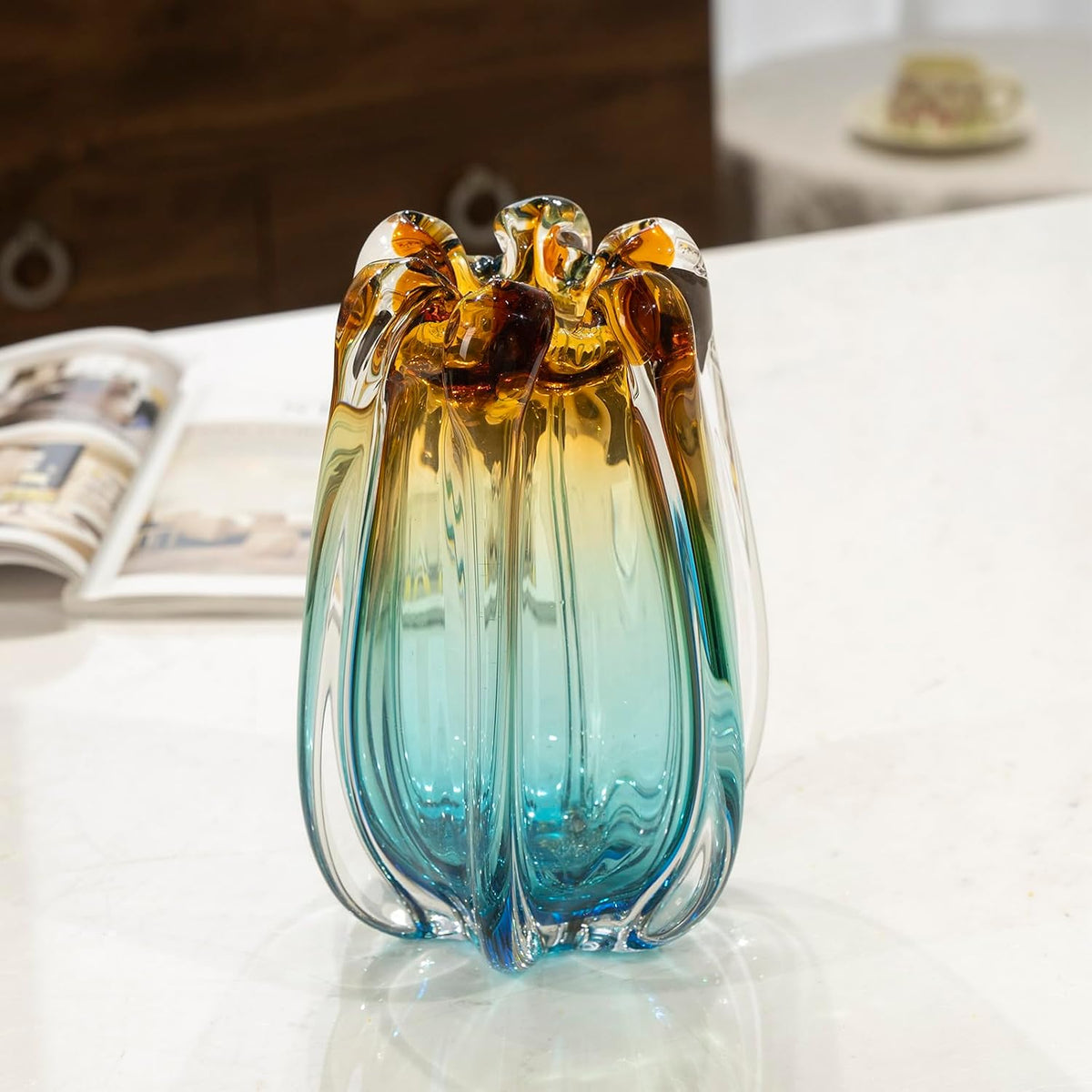 Hand Blown Glass Flower vases, Unique Glass vases, Wide Mouth vases, Small Modern Art Deco Glass vases for Home Living Room, Office, Table centerpieces, Bookshelves and Wedding Decorations