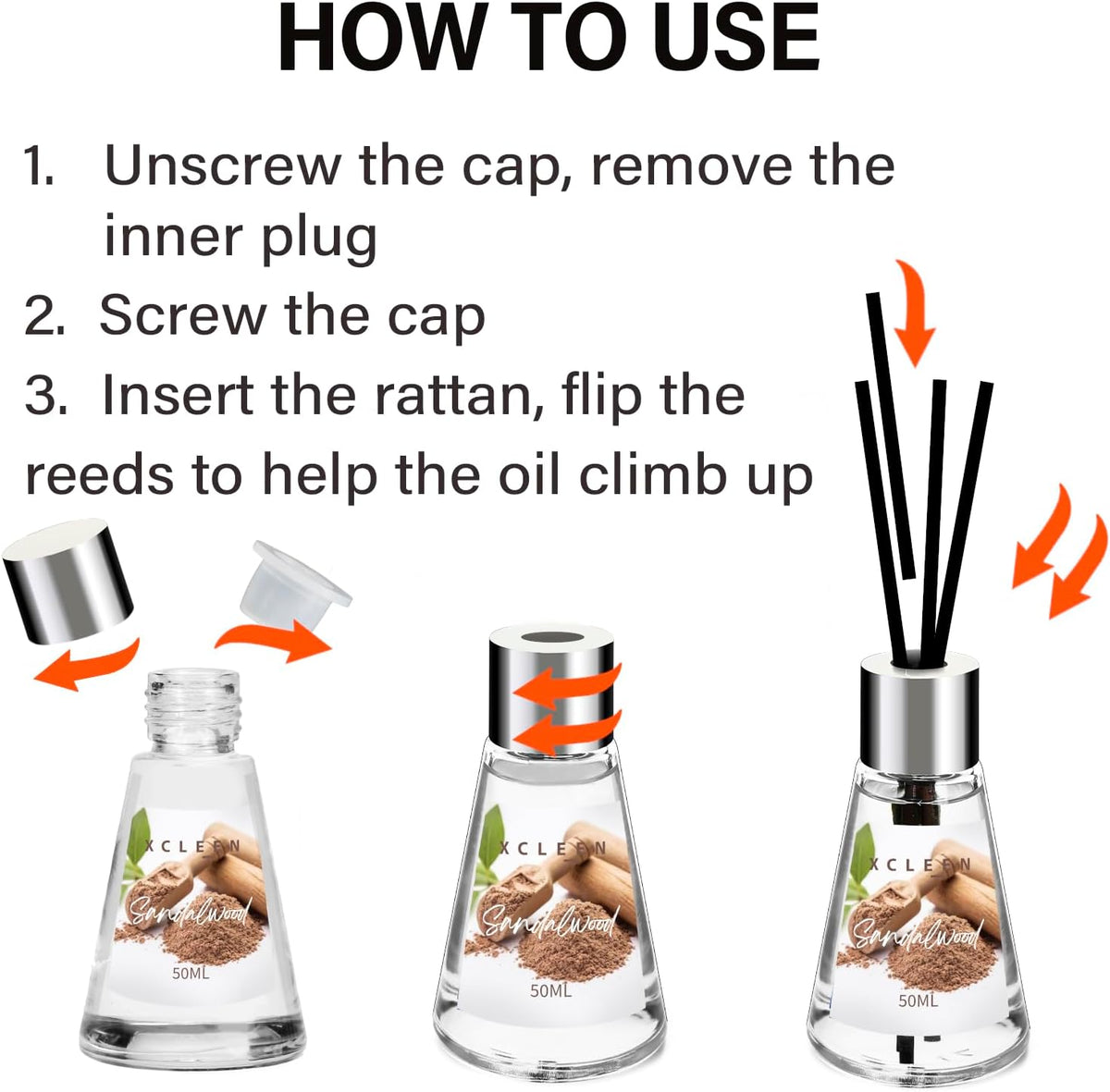 Xcleen Reed Diffuser of 3 Pack, Escape/Citrus/Sandalwood, Scented Diffuser with 15 Fiber Sticks, Home Fragrance Oil Diffuser, Air Freshener for Bathroom & Bedroom, Each 1.7Fl Oz, Total 5.1Oz