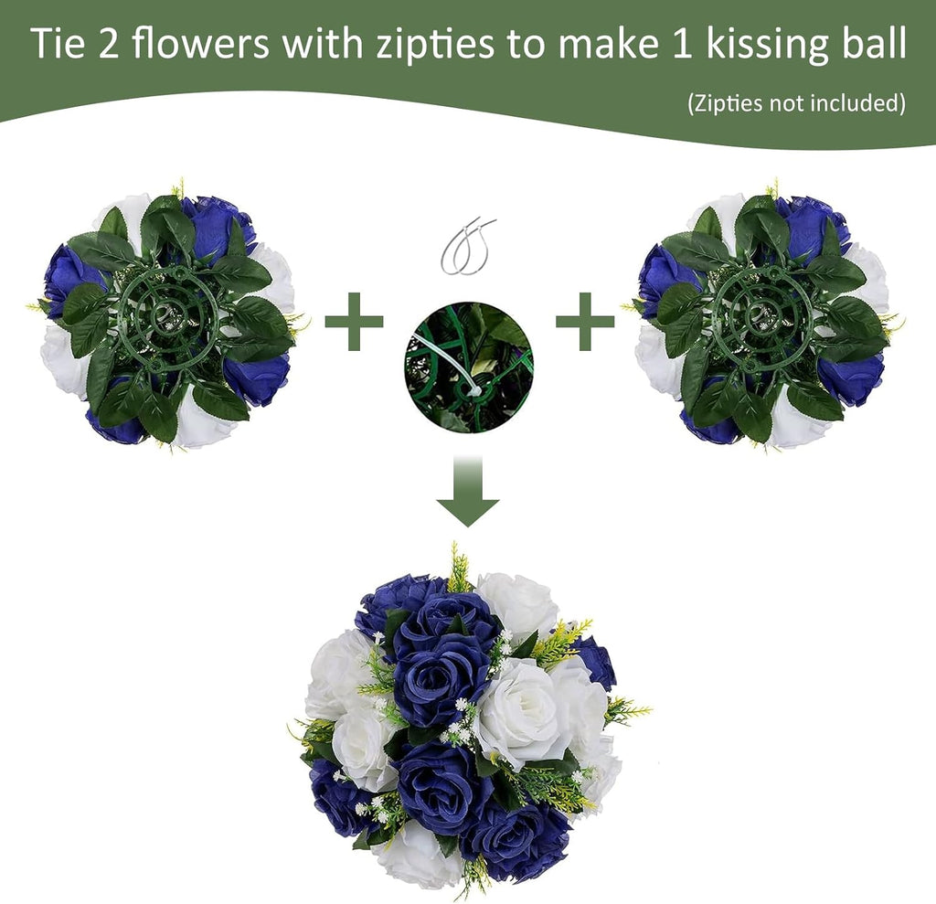 10Pcs Artificial Rose Balls for Centerpieces (Navy Blue & White)