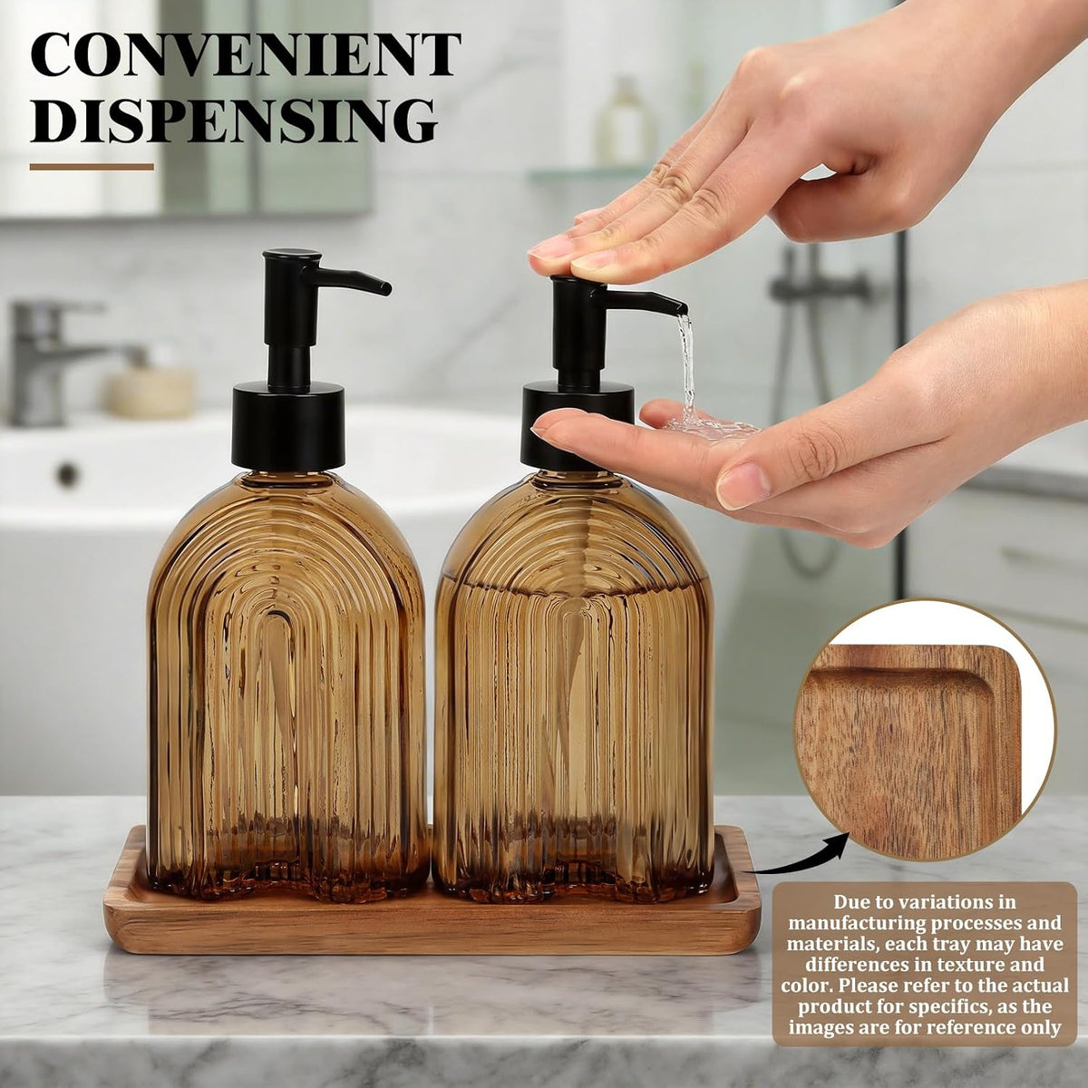 Glass Soap Dispenser Set with Wooden Tray, 11.6Oz Refillable Liquid Modern Soap Dispenser with Plastic Pump for Hand and Dish Set for Bathroom Countertop Decor (Amber)