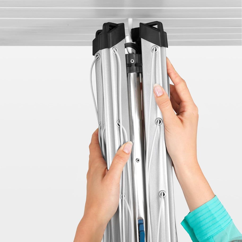 Brabantia Essential Outdoor 3 Arm Clothesline (98 ft/Ø 1.4") Dry Clothes Outside, Spacious Washing Line & Hanger Hooks, Folding Garden Umbrella Clothes Drying Rack + Concrete Ground Tube (Gray)