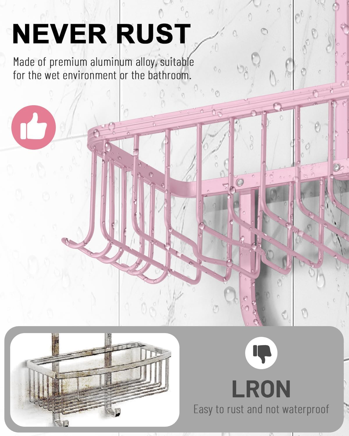Pink Shower Caddy for Bathroom - Never Rust Hanging Shower Organizer with Soap Basket and Hooks - Large Capacity 3 Tier Aluminum Over The Showerhead Caddy