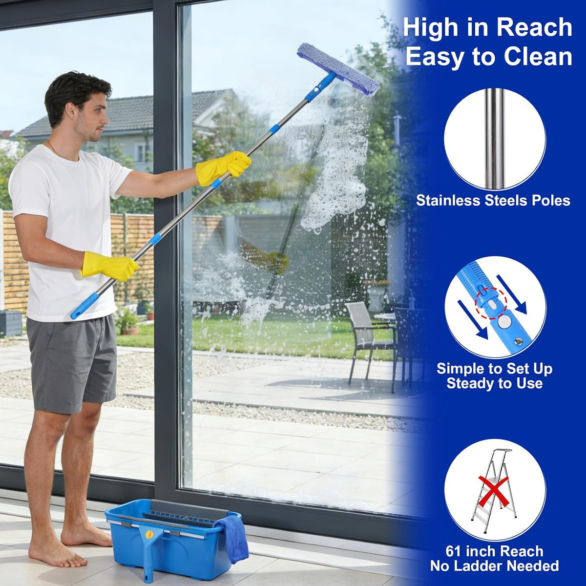 Professional Window Cleaning Kit, Window Washing Kit with 3 Gallon Bucket, 14-Inch Squeegee & 15-Inch Scrubber, 61-Inch Extendable Pole, Window Cleaning Equipment for Home & Commercial (61 inch)