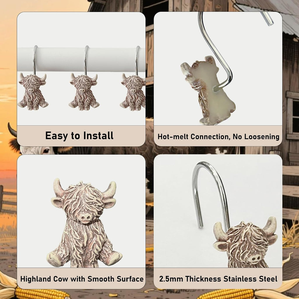 12 Pcs Highland Cow Shower Curtain Hooks for Western Rustic Bathroom Decor