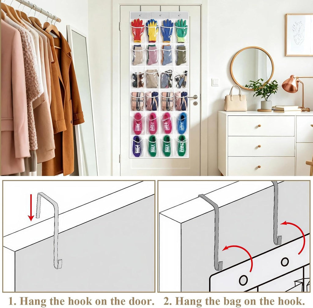 2 Pcs Over the Door Shoe Organizer with Clear 24 Pockets, Hanging Shoe Organizer with 3 Metal Hooks, Space Saving Shoe Holder Rack for Closet Dorm Bedroom Entryway Bathroom Storage, White