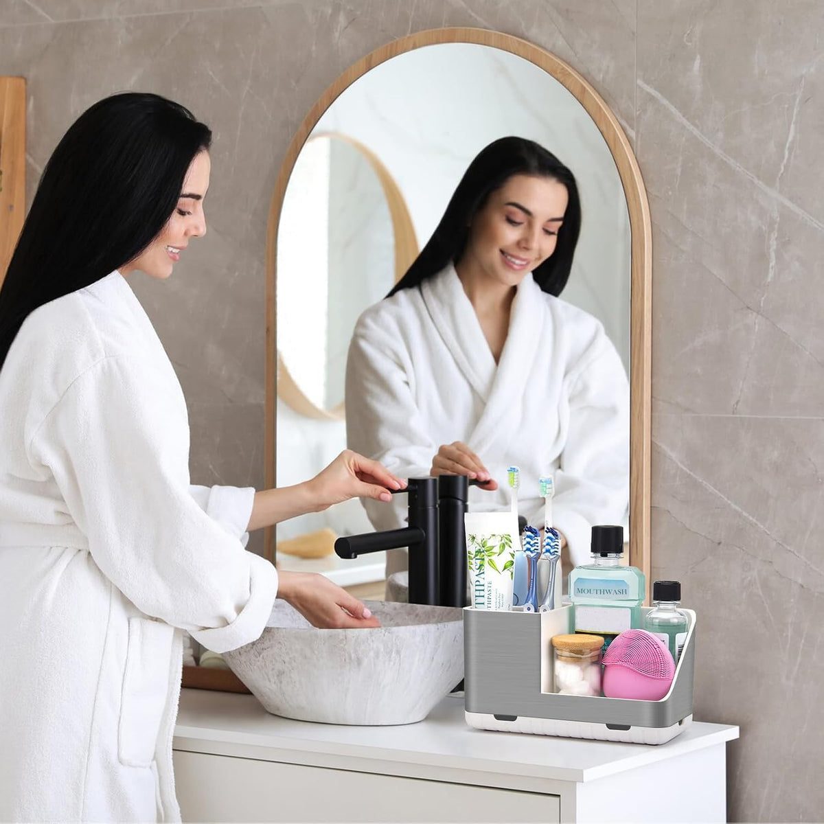 Toothbrush Holders for Bathroom Countertop Organizer (Brushed Silver Grain)