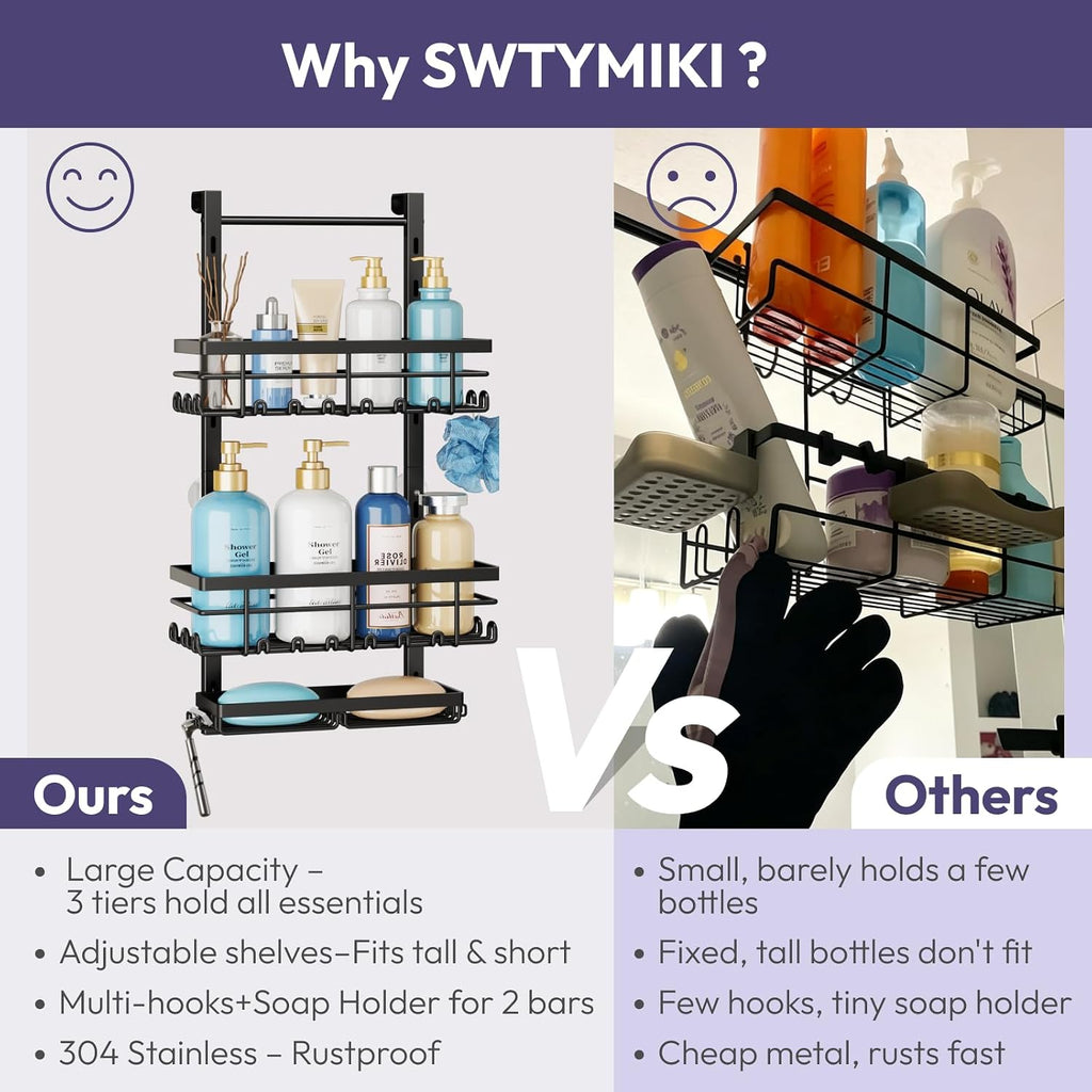 SWTYMIKI Over The Door Shower Caddy - 3 Tier Rustproof Hanging Shower Organizer with Adjustable Shelves, 28 Hooks & Soap Holder, Hanging Shower Rack Storage for Bathroom Accessories, Black