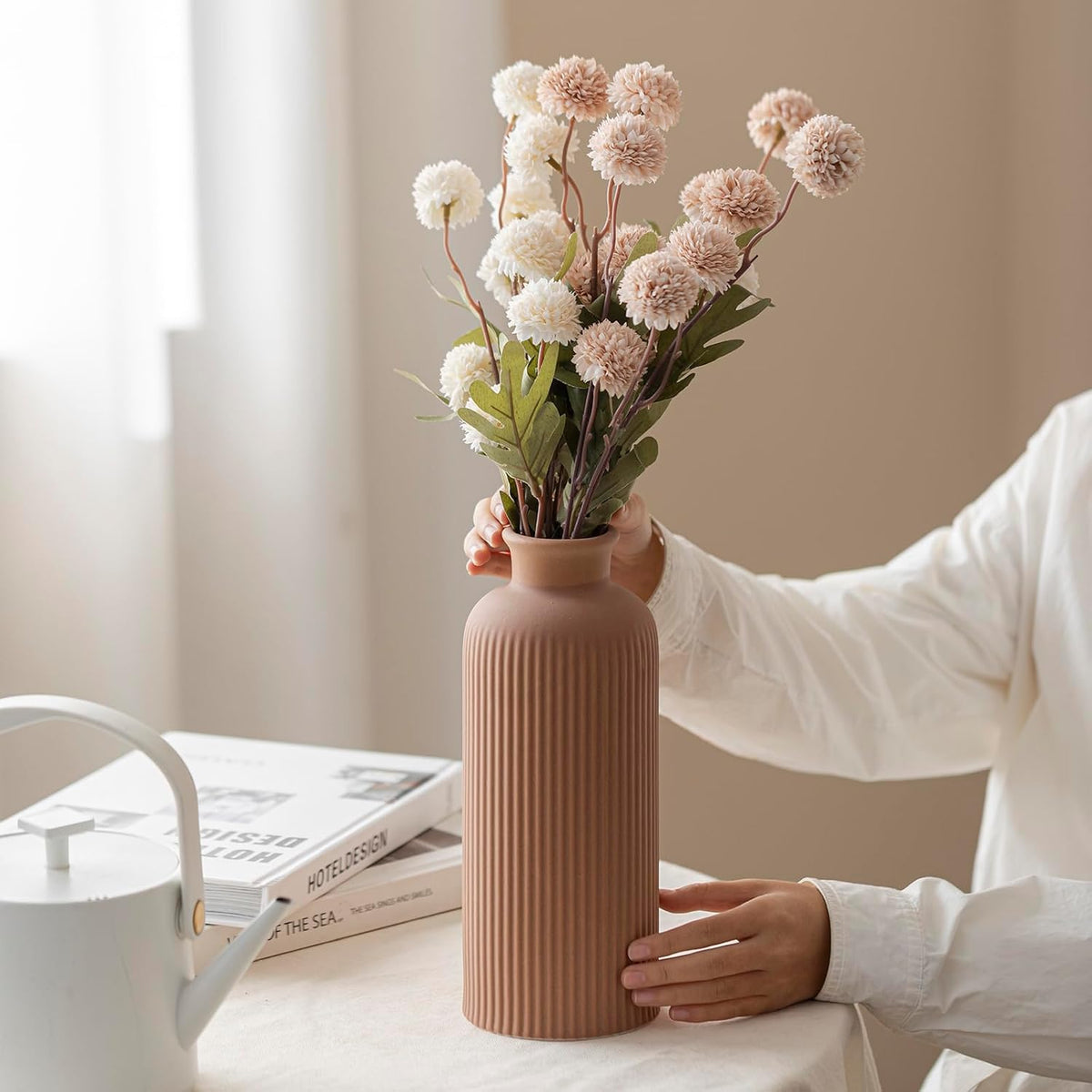 Coffee Ribbed Ceramic Vase for Flowers, Large Modern Textured Decorative Vase, 10 Inch Tall, Farmhouse Style Home Decor (Coffee)