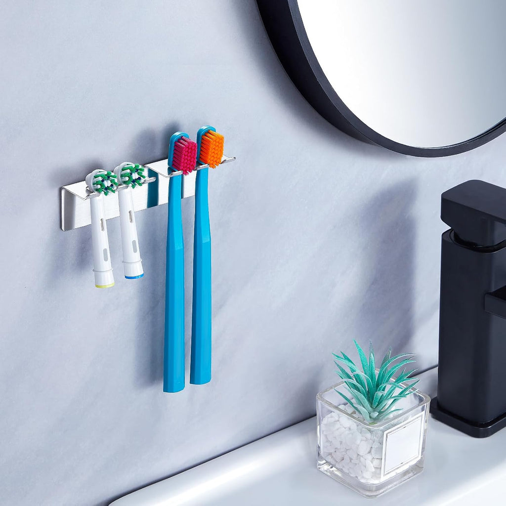 Toothbrush Holder, Electric Toothbrush Head Holder Wall Mounted Non Screw, Metal Toothbrush Holders for Bathroom, Self Adhesive Tooth Brush Holder Toothbrush Organiser (Silver, Medium)