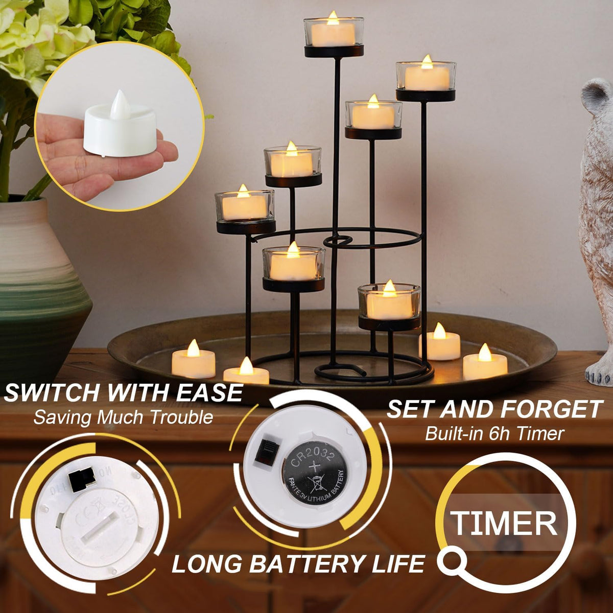 BEICHI 24Pack Battery Operated Tea Lights with Timer, 6H Timer Built-in