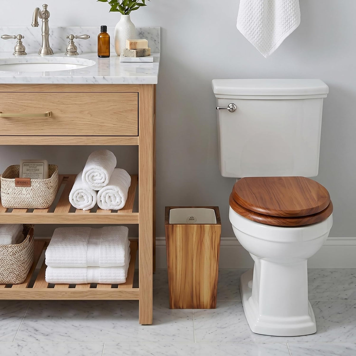 Coeusy 2 Gallon Wood Trash Can with Liner,Small Wooden Bathroom Trash Can
