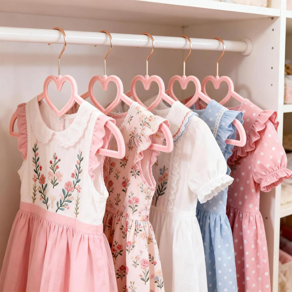 Coloch 50 Pack Pink Velvet Hangers for Kids, 12.8 in Non-Slip Baby Hangers with 20 Clips for Closet, Space-Saving Slim Felt Children Clothes Hanger for Nursery, Preteen, Coat, Dress, Shirt
